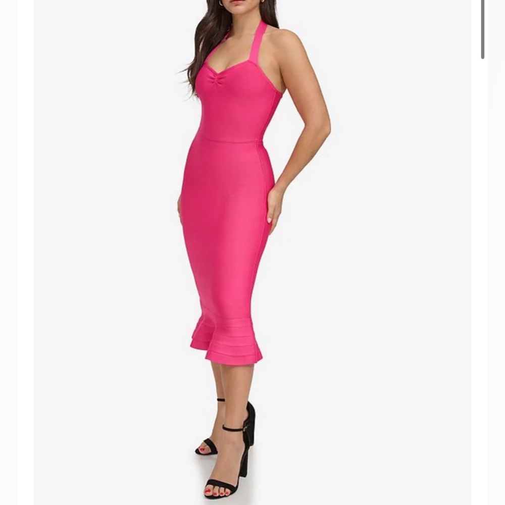 Siena Bandage Knit Sweetheart Halter Kneckline Flounce Bottom Midi Dress